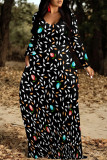Casual Colorblock Floral Print The stars Pocket Contrast O Neck Printed Dresses