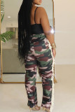 Casual Print Fringed Trim Buttons Patchwork Zipper Loose Mid Waist Conventional Patchwork Bottoms