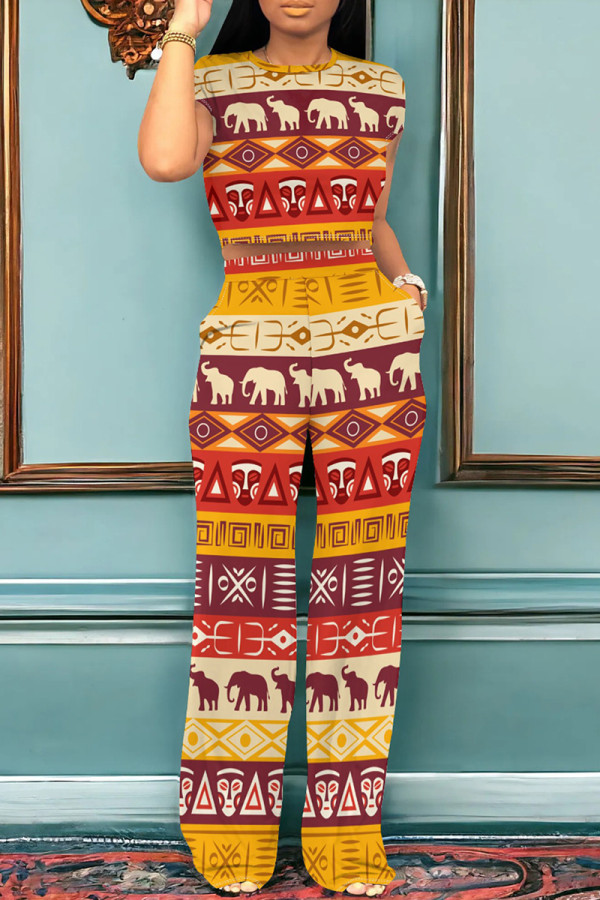 Casual Print Pocket Patchwork O Neck Short Sleeve Two Pieces
