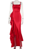 Sexy Solid Color Patchwork Backless High Slit Ruffled Trim Spaghetti Strap Sling Dresses