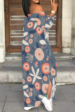 Sexy Street Floral Print Lace Up Slit Contrast Off Shoulder Printed Dresses