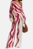 Casual Striped Print Oblique Collar Long Sleeve Two Pieces