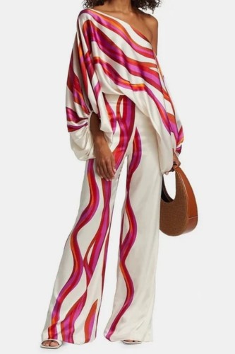 Casual Striped Print Oblique Collar Long Sleeve Two Pieces