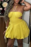 Sexy Solid Color Hollow Out Backless Belted Halter A Line Dresses