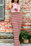Casual Striped Print Floral Print Basic O Neck Short Sleeve Two Pieces