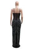 Sexy Hot Drilling Patchwork Backless Slit Spaghetti Strap Long Dresses