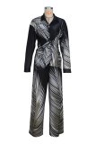 Casual Print Buttons Turndown Collar Long Sleeve Two Pieces
