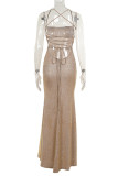 Sexy Solid Color Patchwork Backless Cross Straps Spaghetti Strap Sling Dresses