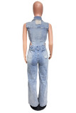 Casual Solid Color Ripped Hollow Out Turndown Collar Bodycon Jumpsuits