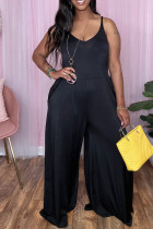 Casual Solid Color Patchwork Backless Spaghetti Strap Loose Jumpsuits