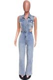 Casual Solid Color Ripped Hollow Out Turndown Collar Bodycon Jumpsuits