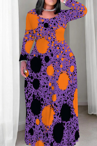 Elegant Print Patchwork O Neck Long Plus Size Dresses