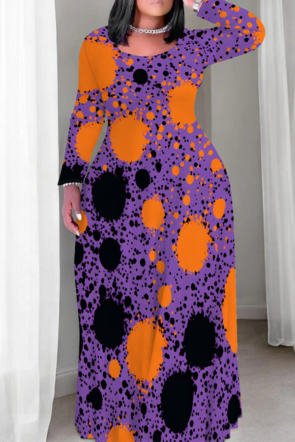 Elegant Print Patchwork O Neck Long Plus Size Dresses