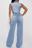 Casual Solid Color Ripped Hollow Out Turndown Collar Bodycon Jumpsuits