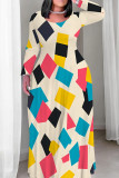 Elegant Print Patchwork O Neck Long Plus Size Dresses