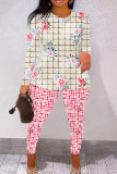 Casual Floral Print Basic O Neck Short Sleeve Two Pieces