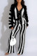Casual Daily Stripe Buttons Weave Contrast V Neck Long Sleeve Two Pieces