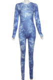 Casual Print Patchwork Zipper O Neck Skinny Jumpsuits