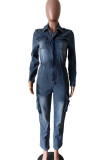Street Solid Color Pocket Patchwork Zipper Zipper Collar Long Sleeve High Waist Denim Jumpsuits
