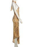 Elegant Leopard Print Patchwork Backless Strap Design Halter Irregular Dresses