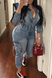 Street Solid Color Pocket Patchwork Zipper Zipper Collar Long Sleeve High Waist Denim Jumpsuits