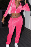 Casual Solid Color Draw String Patchwork Zipper Zipper Collar Long Sleeve Two Pieces