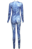 Casual Print Patchwork Zipper O Neck Skinny Jumpsuits
