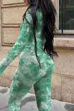Casual Print Patchwork Zipper O Neck Skinny Jumpsuits