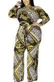 Casual Knitting Print Patchwork Oblique Collar Regular Plus Size Jumpsuits