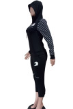 Casual Embroidery Draw String Pocket Patchwork Zipper Hooded Long Sleeve Two Pieces