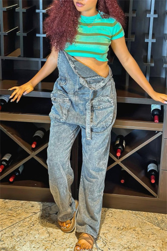 Casual Solid Color Pocket Spaghetti Strap Sleeveless Fitted Denim Jumpsuits