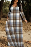 Casual Street Plaid Letter Print Flowers Pocket Contrast V Neck Printed Dresses