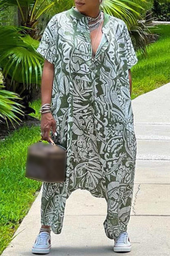 Casual Print Patchwork V Neck Plus Size Jumpsuits