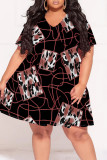 Geometric Print Gradient Splashed ink printing Ruffle Contrast V Neck Printed Plus Size Dresses