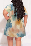 Geometric Print Gradient Splashed ink printing Ruffle Contrast V Neck Printed Plus Size Dresses