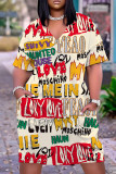 Casual Letter Print Basic V Neck Short Sleeve Plus Size Dresses