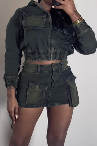 Street Pocket Patchwork Zipper Zipper Collar Long Sleeve Two Pieces