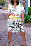 Casual Letter Print Basic V Neck Short Sleeve Plus Size Dresses