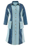 Street Pocket Buckle Patchwork Contrast Turndown Collar Long Plus Size Dresses