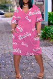 Casual Letter Print Basic V Neck Short Sleeve Plus Size Dresses
