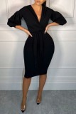 Casual Solid Color Basic V Neck One Step Skirt Dresses