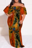 Casual Print Patchwork Off Shoulder Long Plus Size Dresses