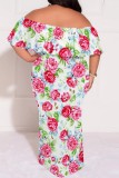 Casual Print Patchwork Off Shoulder Long Plus Size Dresses