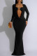 Elegant Solid Color Hollow Out Patchwork Ruched Deep V Neck Long Dresses