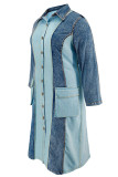 Street Pocket Buckle Patchwork Contrast Turndown Collar Long Plus Size Dresses