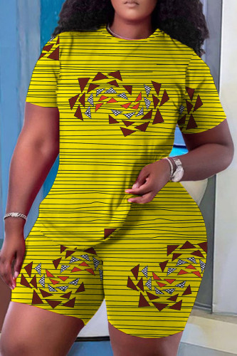 Casual Print Basic O Neck Short Sleeve Two Pieces