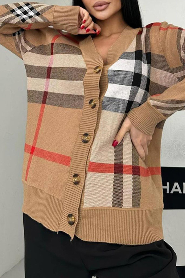 Street Plaid Buckle Patchwork V Neck Tops