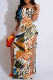 Casual Print Slit Off Shoulder Long Dresses
