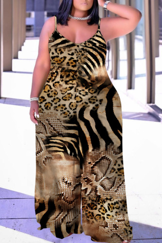 Casual Leopard Print Backless Spaghetti Strap Plus Size Jumpsuits