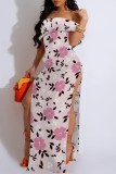 Casual Print Slit Off Shoulder Long Dresses